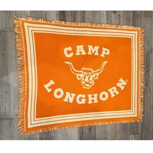 Camp Longhorn Woven Fringe Throw Blanket Texas Longhorn Logo Orange 48x60 Retro